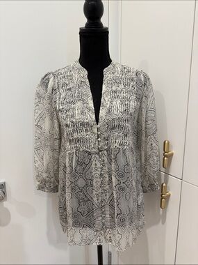Joie Black and White Paisley Smocked Blouse